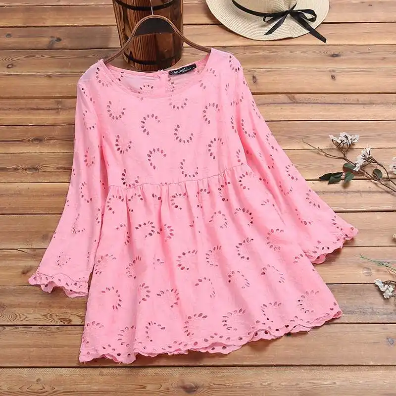 Розовый Blusas Топ г. ZANZEA Осень полые вечерние рубашки винтажная хлопковая блузка с длинными рукавами женская однотонная Кружевная туника, вязанная крючком топы женские - Цвет: Розовый