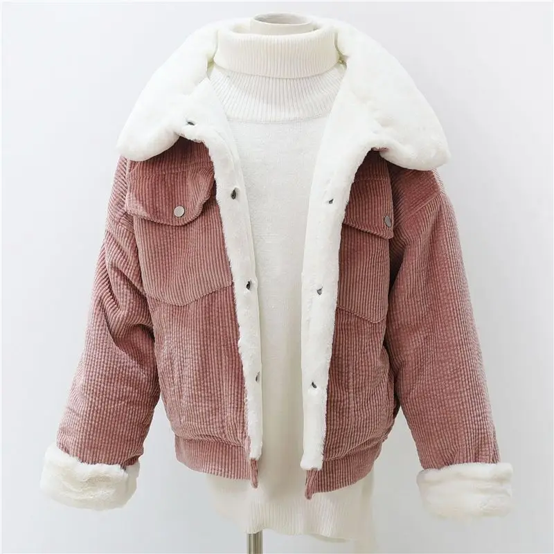 Новая женская модная Толстая зимняя свободная Вельветовая куртка из овечьей шерсти, женская теплая Милая хлопковая верхняя одежда, пальто, женская короткая парка A73 - Цвет: pink
