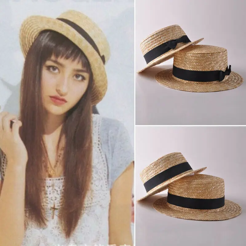 Women's Kids Girls Straw Bowler Boater Sun Hat Round Flat Caps Brim Summer Beach