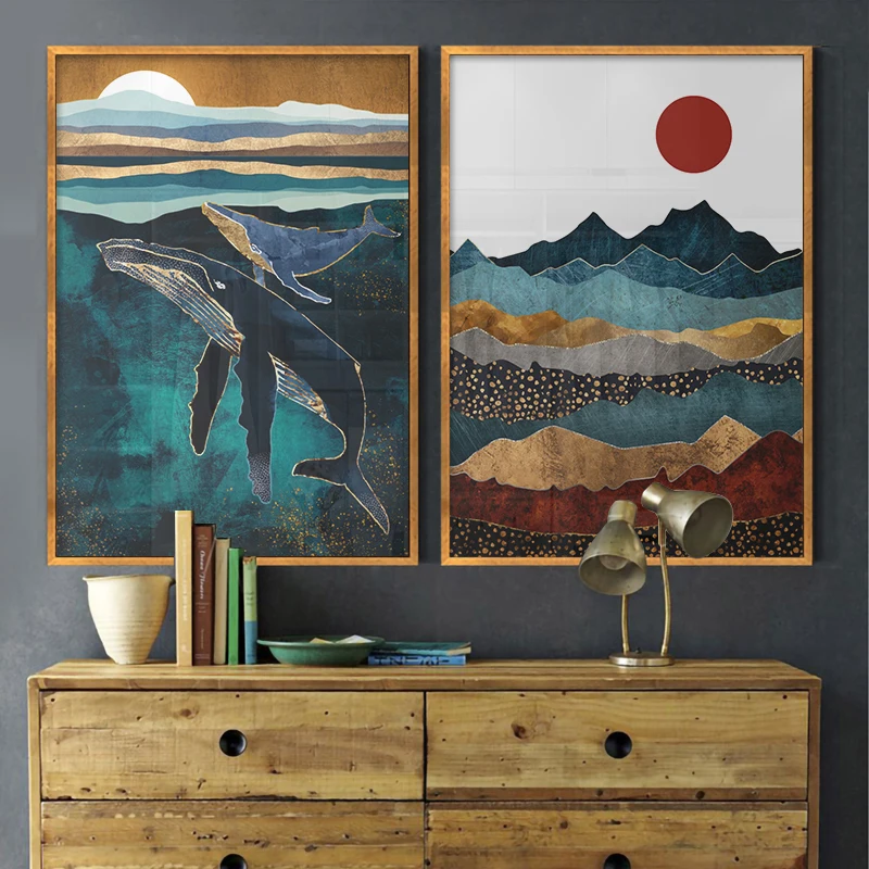 Абстрактная настенная живопись на холсте в скандинавском стиле, с геометрическим изображением Кита, горного пейзажа, плакат, картина для гостиной