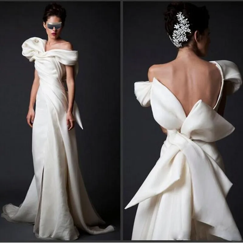 

High End Evening Gowns Ivory Long V Neck Floor Length Formal Dresses Vestidos Evening Dress Arabian With Huge Bow Back