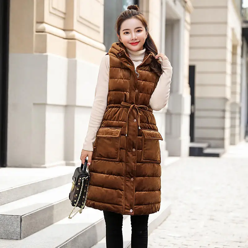 caramel colour Осенне-зимний Золотой бархатный жилет, куртка, женский жилет без рукавов, утепленный пуховый хлопковый жилет с капюшоном, зимнее пальто, длинная парка C5791 - Цвет: caramel colour