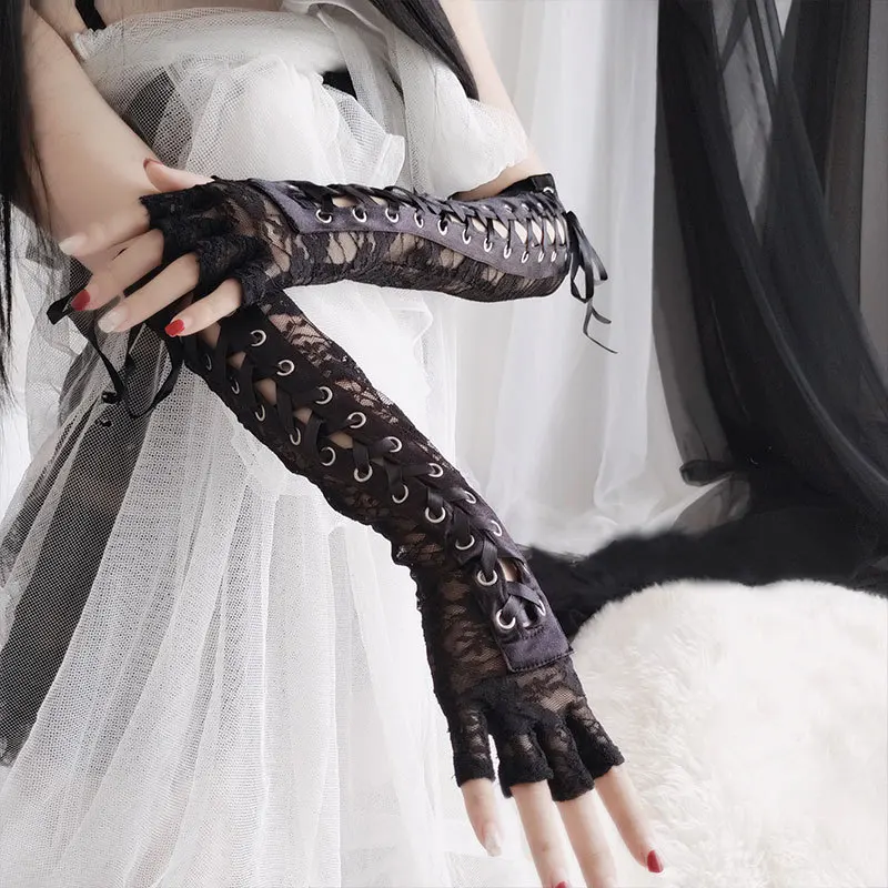 

Sexy Lace Goth Lolita Ribbon Long Gloves Women Winter Elbow Length Half-finger Gloves Fingerless Fishnet Etiquette Party Gloves