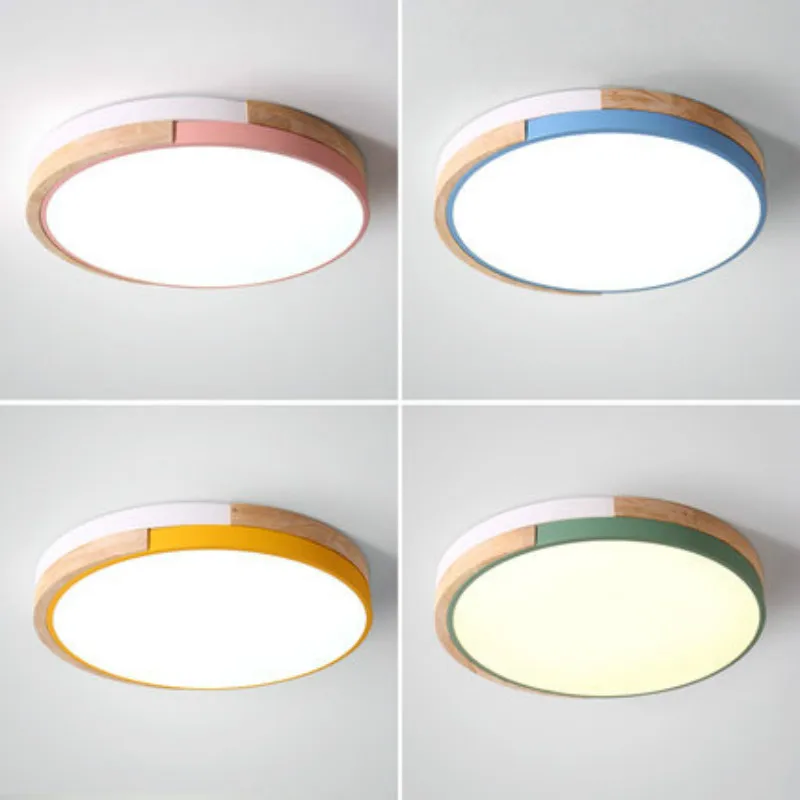 

220V LED Ceiling Lights Modern Round Ceiling Mounted Wood Lamps For Bedroom Wooden Kitchen Luminaire Colorful Rooms Lamp