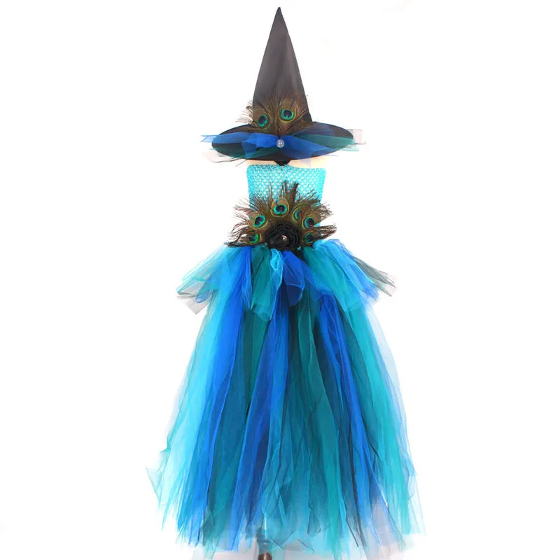 Elegant Peacock Feather Costume Girls Fluffy Layered Tutu Dress with Witch Hat