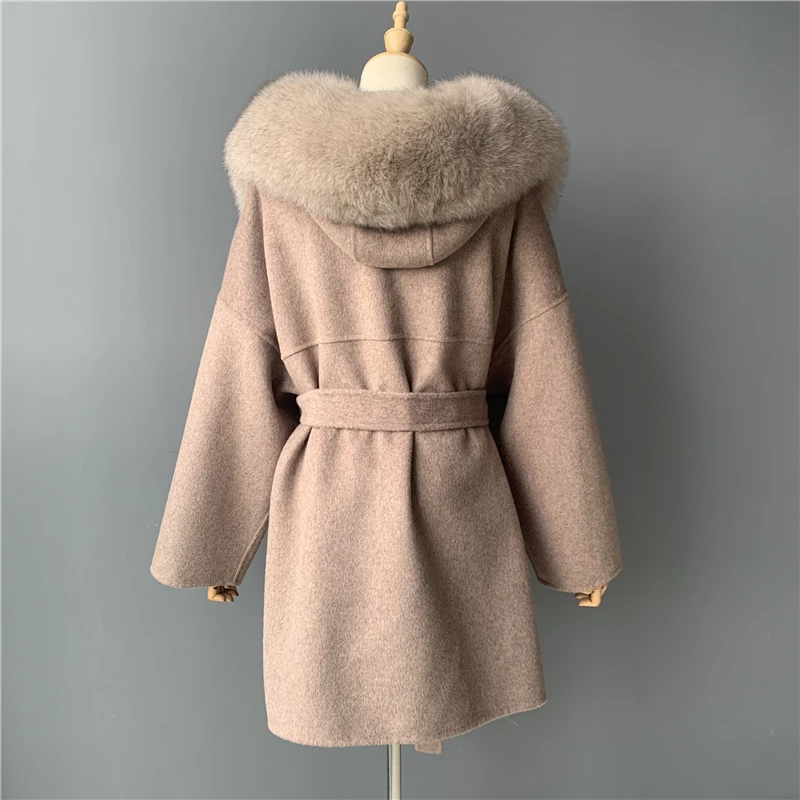 Кашемировая Женская куртка со съемным воротником из меха лисы, шерстяное пальто и куртка с поясом, Дамское кашемировое пальто на осень и зиму