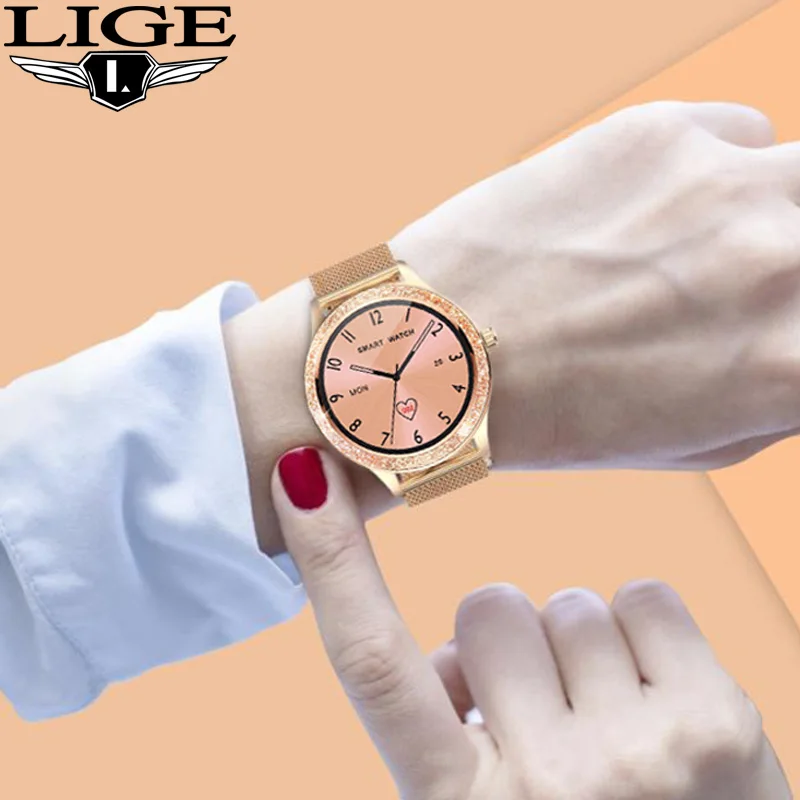LIGE New Luxury Women Smart Watch Heart Rate Blood Pressure Monitoring For Android IOS Fashion Rose Gold Ladies Smartwatch