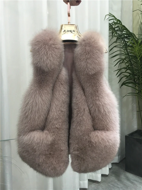 ZDFURS* из натурального меха лисы Жилет меховое пальто для Женская куртка пальто жилет Длинные шубы из натурального меха лисы Жилет Куртка - Цвет: pink bean powder