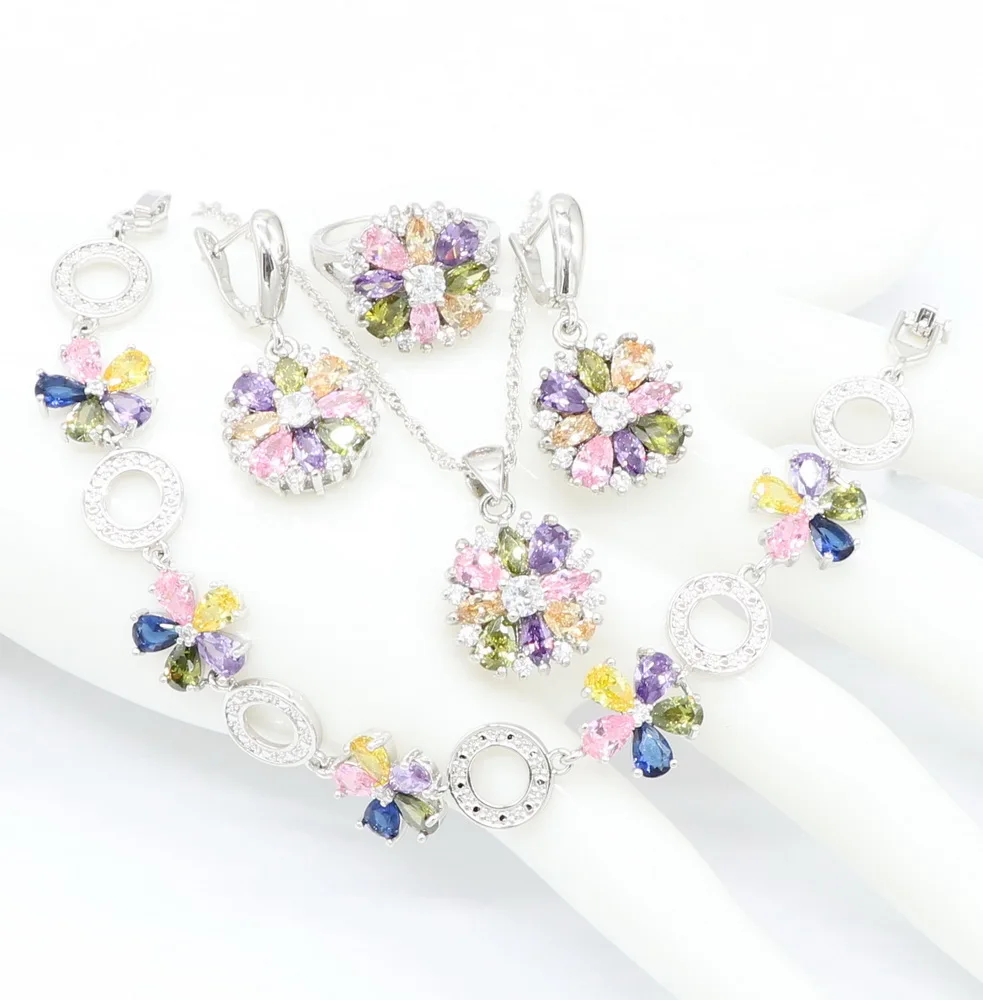 

925 Sterling Silver Multicolor Stones Zirconia Trendy Pendant Necklace Earring Bracelet Ring Jewelry Sets for women Fashion Gift