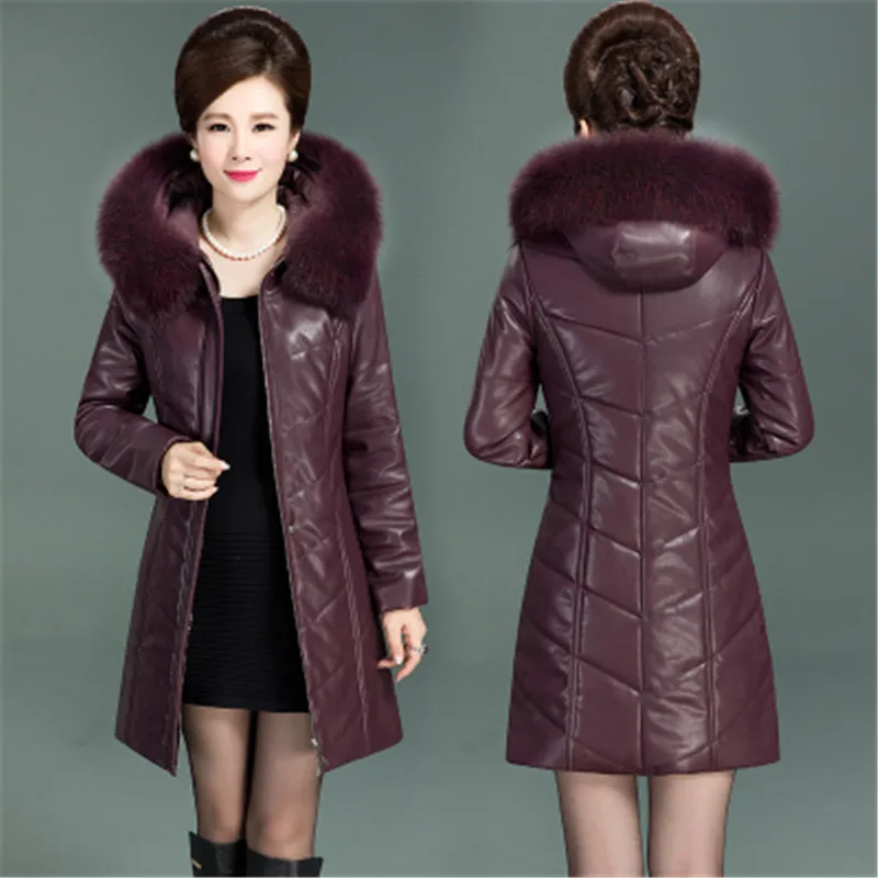 Grape purple 209 Новая Кожаная Женская Толстая хлопковая куртка с капюшоном для среднего возраста и пожилых женщин, Зимняя женская куртка большого размера, кожаные куртки средней длины 623 - Цвет: Grape purple 209