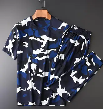 

New Summer Men Sets (T-SHIRTS+PNATS) Plus Size 3XL 4XL Camouflage Printed Short Sleeve Man Sets Elastic Waist Pants Mens Sets