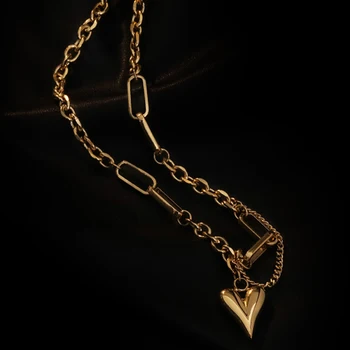 

HE-47 Steel Love Heart Chunky Necklace for Women Gold Color Clavicle Chain Fashion Female Choker Jewelry Charm Necklace New