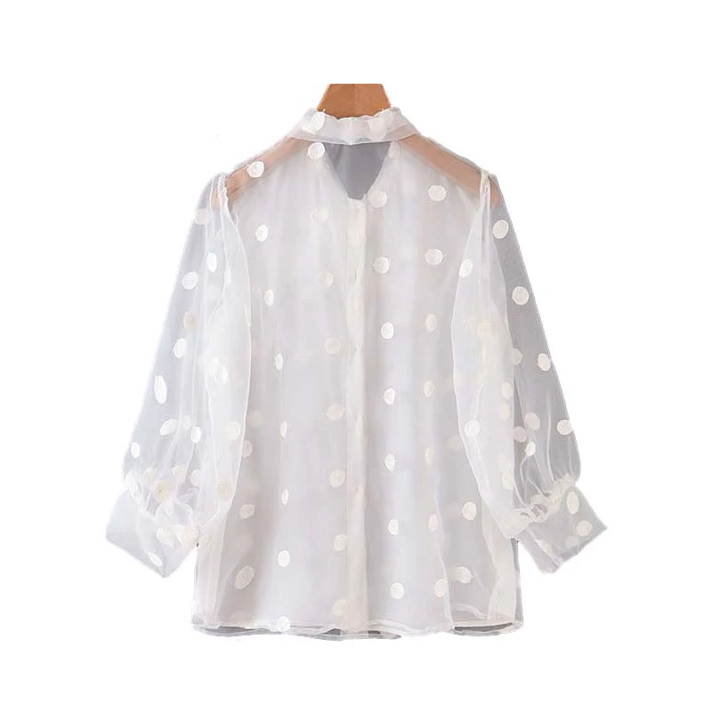 Винтаж стильный Polka Dot прозрачные короткие топы, женские блузки мода галстук-бабочка Фонари рукав Офисные женские туфли рубашки для мальчиков