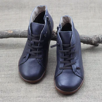 

Women Ankle Boots Plus Size Hand-made Genuine Leather Woman Boots Round Toe lace up Shoes plush Female Footwear Driving shoes
