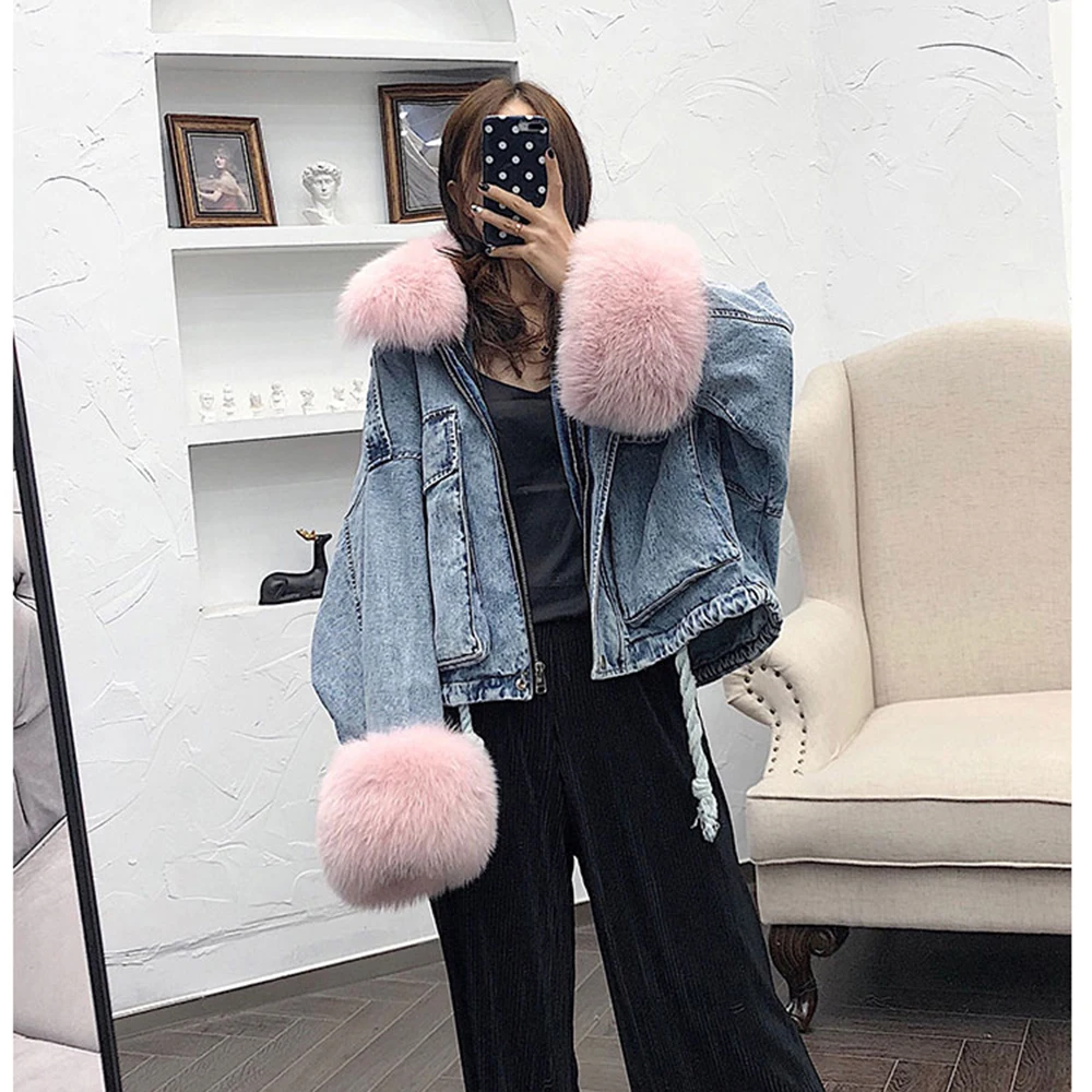 Blue Pink fur011 JAZZEVAR Зима новое поступление джинсовая куртка женская свободная одежда верхняя одежда с меховым воротником высокое качество зимная женская куртка W9086 - Цвет: Blue Pink fur011