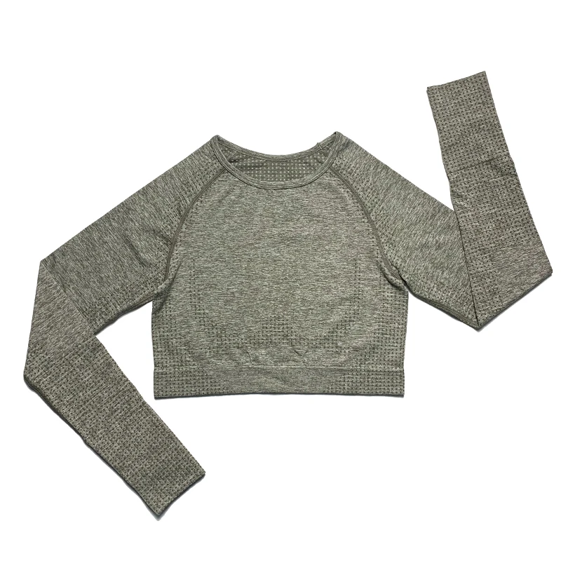 Olive green top Женский комплект 2 шт., спортивный костюм для занятий йогой, наборы для занятий в тренажерном зале, одежда для тренировок, с длинным рукавом, для фитнеса, укороченный топ с высокой талией, бесшовные леггинсы - Цвет: Olive green top