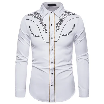 

White Tuxedo Shirt Men 2019 Fashion Western Cowboy Embroidery Dress Shirt Mens Casual Social Shirts Party Wedding Chemise Homme