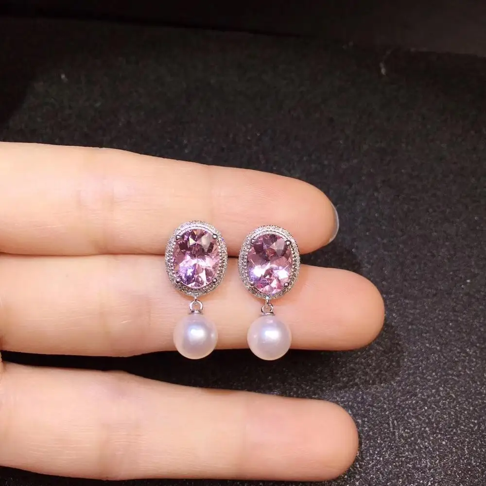 Настоящие хорошие драгоценности чистый 18 K Белый Золотой AU750 натуральный с розовым морганитом и жемчугом драгоценные камни 5.65ct Висячие серьги для женщин