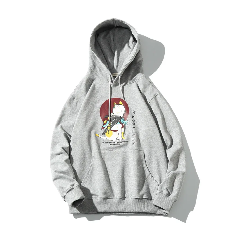 Light Grey Японские толстовки для мужчин с вышивкой забавный кот Harajuku напечатанный флис хип хоп Уличная зимняя спортивная толстовка толстовки 5XL пальто - Цвет: Light Grey
