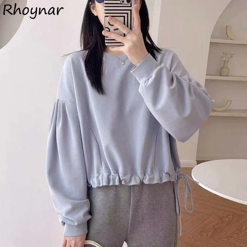 

Sweatshirts Women Cropped Shirring Lazy Full Sleeve O-neck Loose Solid All Match Streetwear Breathe Popular Fashion Ulzzang Ins