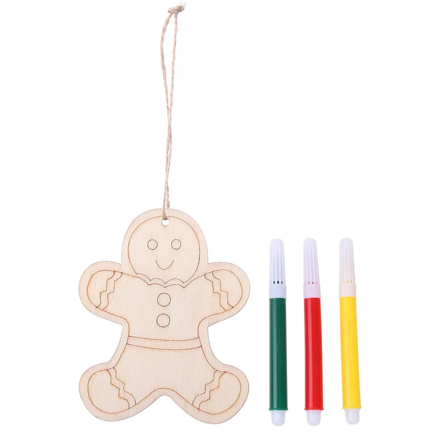 5pcs Wooden Kids DIY Color Painting Christmas Ornaments Cute Santa Claus Graffiti Art Crafts Toys Pendants Xmas Tree Decoration - Цвет: Gingerbread Man