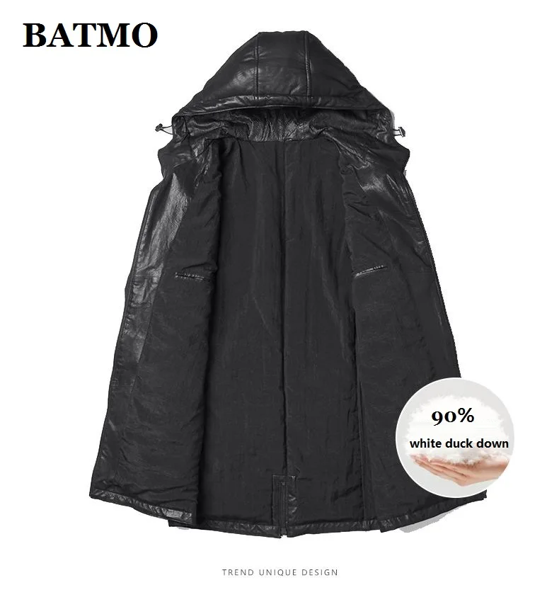 BATMO Новое поступление Зима натуральная кожа овчина 90% белый утиный пух с капюшоном куртки мужские кожаные пальто 19-001