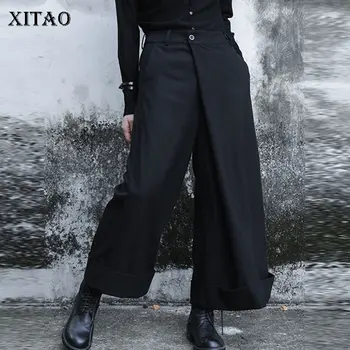 

XITAO High Waist Irregular Pocket Black Pants Women Clothes 2019 Fashion Casual Pleated Button Fly Loose Wide Leg Pants DMY1163