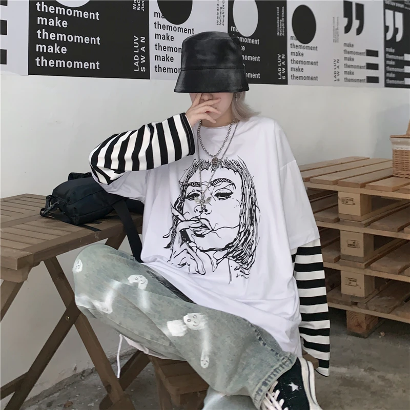 Забавный граффити мультфильм девушка хип-хоп панк готический графический принт свободный Harajuku Уличная Повседневная футболка Топ Женская футболка корейский