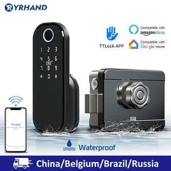 

No Wiring Waterproof Wifi Fingerprint Rim Lock Smart Card Digital Code Electronic Door Lock For Home Security Mortise Lock