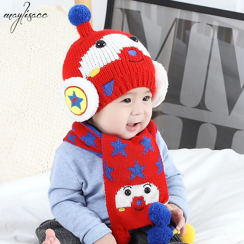 Maylisacc/Новое поступление, детская шапка для мальчиков и девочек 0-3 лет, шарф, комплект из 2 предметов, зимняя шапка с ушками для малышей, набор шапочек-бини