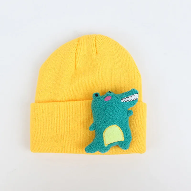Зимние новые стильные детские плотные вязанные шапочки Skullies с динозавром из мультфильма, шапка бини для мальчиков и девочек 11 - Цвет: Цвет: желтый