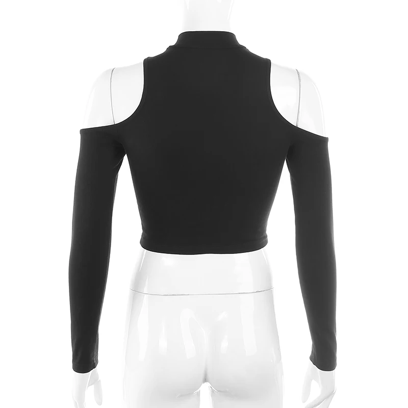 Rapwriter Off Shoulder Embroidery T-Shirt Women Casual Cut Out Turtleneck Long Sleeve Ladies Harajuku Black Crop Tee Shirt