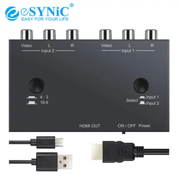 

eSYNiC 2 Port AV to HDMI Converter Connect 2 RCA to HDMI Adapter Support 4:3/16:9 PAL SECAM PAL/M Compatible with WII N64 PS1 TV