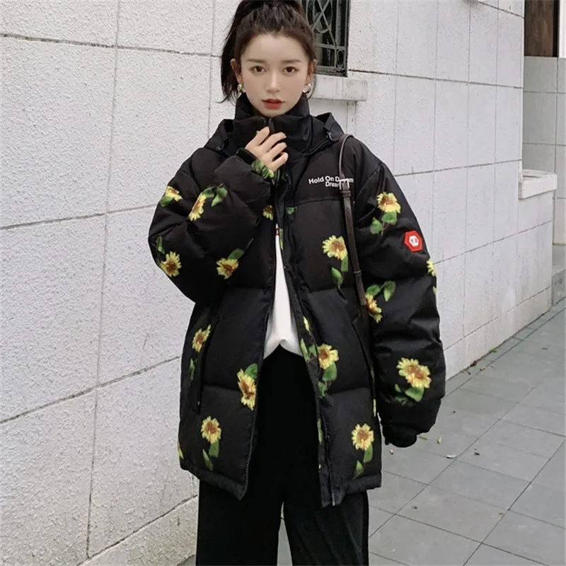 

New Fashion Print Down Jacket Winter Women Loose Cotton Stand Collar Long-Sleeved Clothing Ladies Warm Parkas Hooded Coat Female