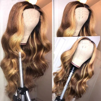 

Highlight Synthetic Wig Piano Color Ombre Blonde Brown Wig for Black White Women Center Part Wavy Hair Wigs Heat Resistant