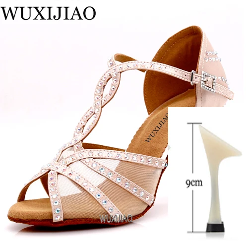 Silver heel 9cm WUXIJIAOLatin/танцевальная обувь; женская обувь для ужина; обувь для танцев из сатиновой сетки черного цвета; блестящие стразы; обувь для сальсы; Высокий каблук 9 см - Цвет: Silver heel 9cm