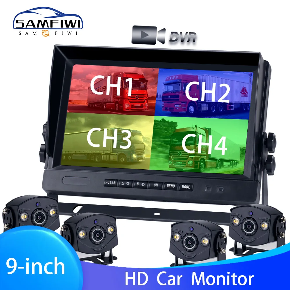 

HD AHD 9Inch 4CH Video input Car Monitor Truck Bus DVR Recording Video Monitor For Front Rear Side View Camera Quad Split Screen