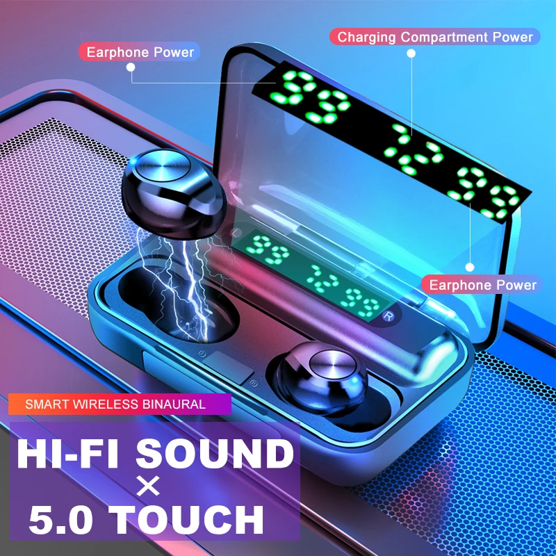 F9 TWS Wireless Bluetooth Earphone Touch Control 9D Stereo HIFI Headset With mic Sport Earphones Waterproof Earbuds LED display