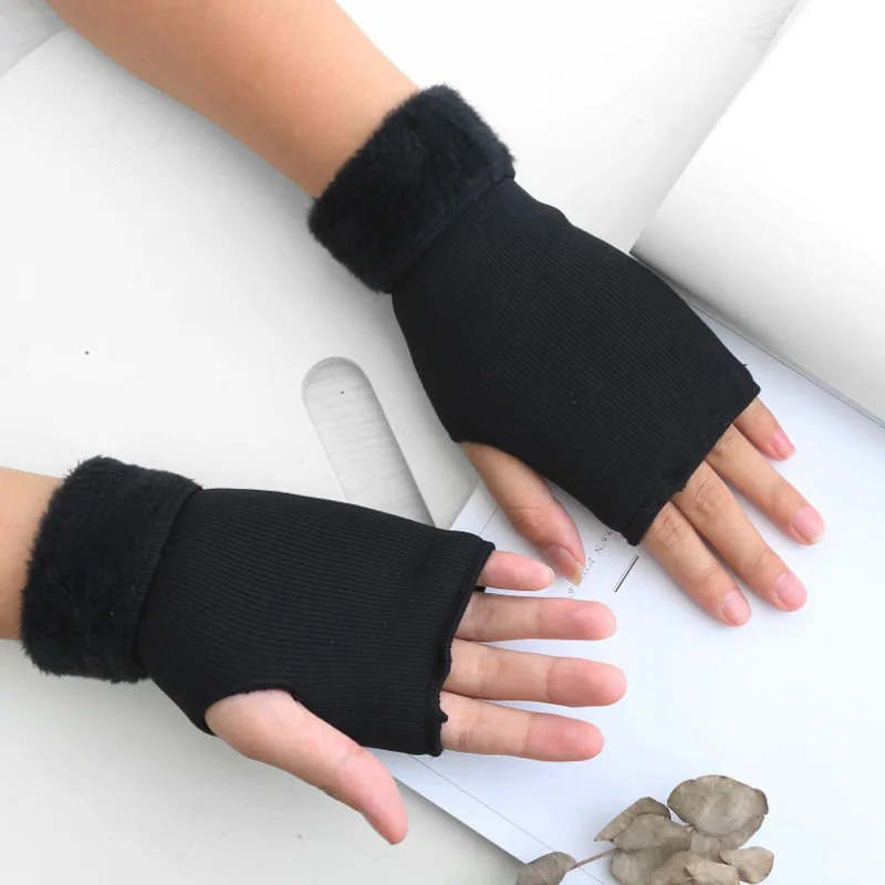 Winter Female Knit Acrylic Touch Screen Typing Mitten Autumn Women Plus Velvet Double Fingerless Writing Half Finger Glove J10 | Аксессуары