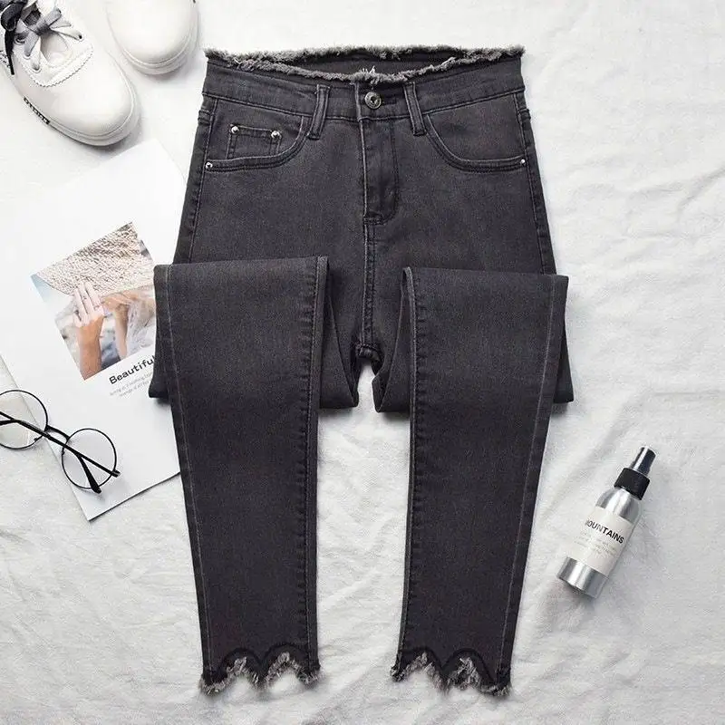 Летняя обувь с перфорацией, Рваные джинсы Для женщин Jeggings джинсовые штаны черный Для женщин s женские Стрейчевые джинсы-скини для Для женщин брюки - Цвет: Серый