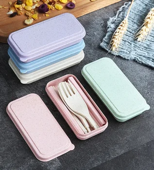 

50sets Portable Wheat Straw Cutlery Set Foldable Folding Soon Fork Chopsticks with Box Travel Tableware Set WB1869