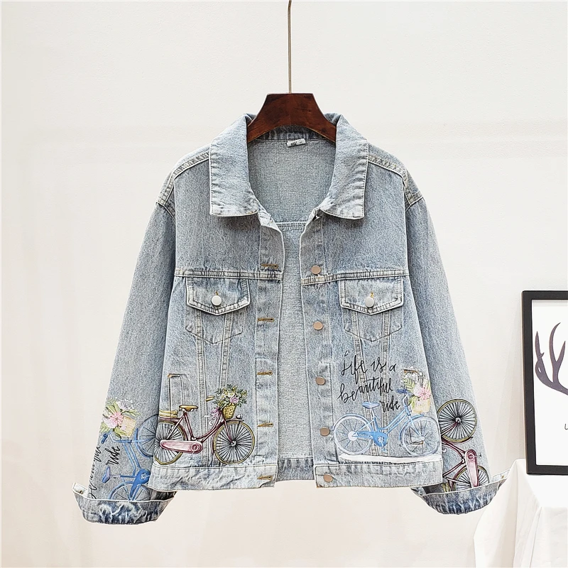 

Spring Autumn Women Vintage Harajuku Hand Painted Denim Jacket Outwear Female Big size Loose Long sleeve Short Jeans Jacket Coat