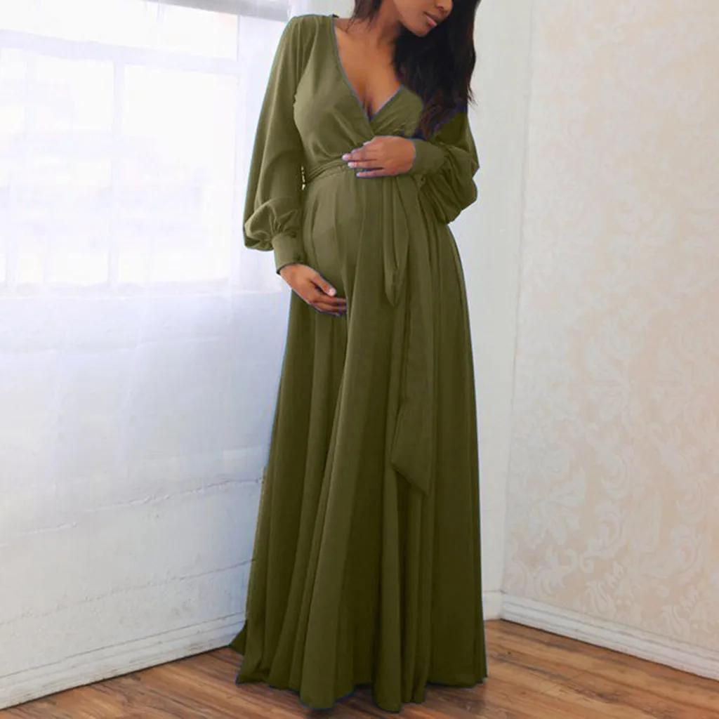 Сексуальное женское платье для беременных с v-образным вырезом и оборками, платье для беременных женщин с длинным рукавом, модные платья макси с поясом, одежда
