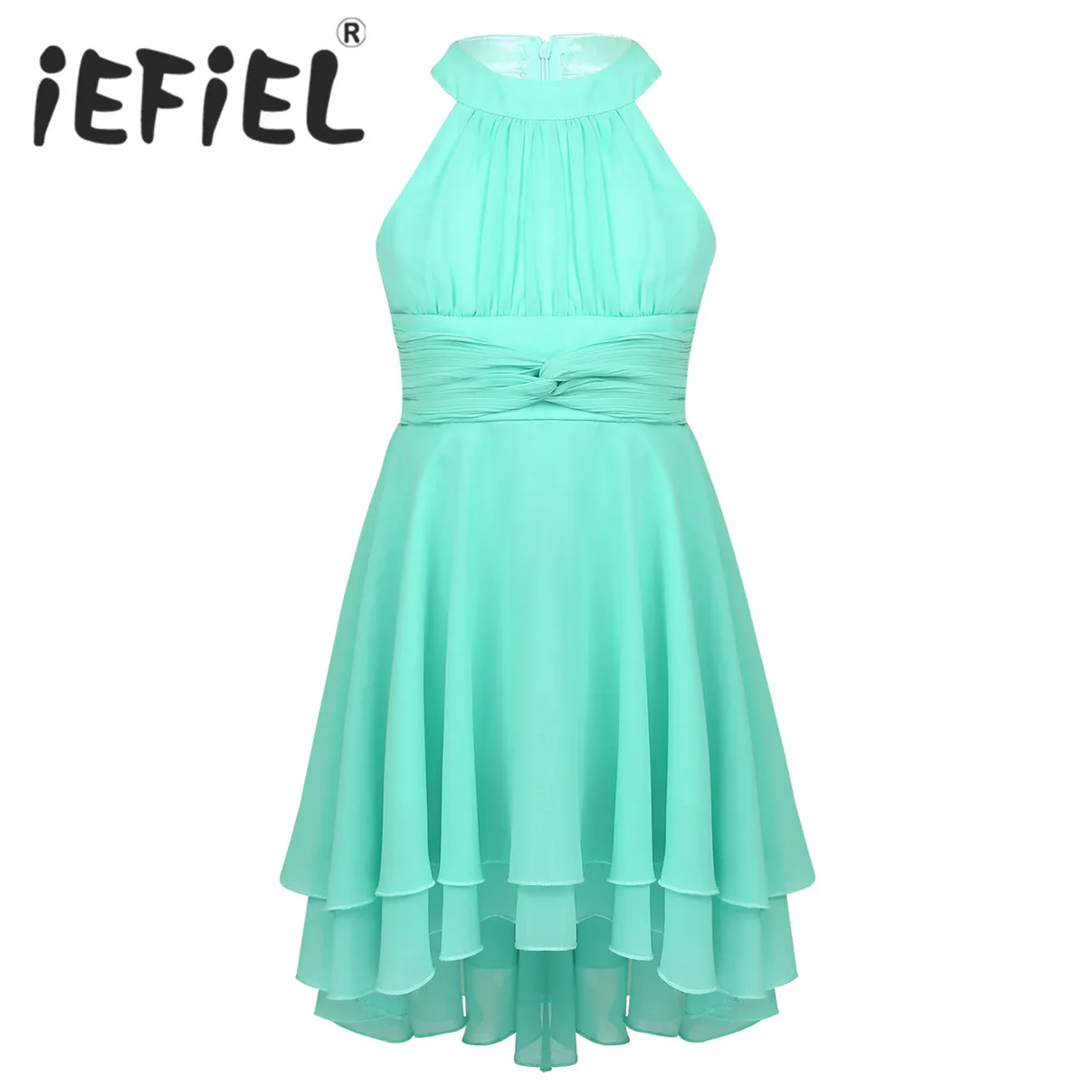 

Kids Teenage Girls Halter Pleated High-Low Hem Flower Girl Dress Princess Pageant Wedding Bridesmaid Party Chiffon Tulle Dress