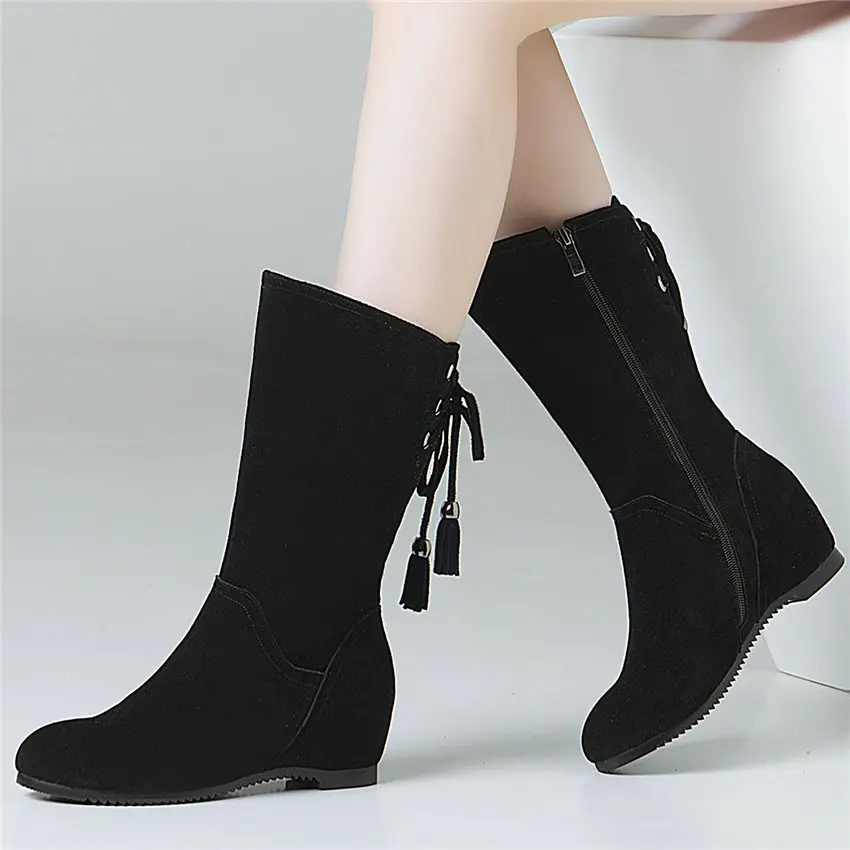 

Knitting Trainers Women Cow Suede Leather Hidden Wedge Ankle Boots High Top Winter Warm Platform Pumps Round Toe Tassel Sneakers