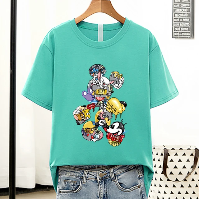 Disney Colorful Mickey Mouse T Shirt Women 2021 Summer Tshirt Graphic Tee Cool Women T-shirt Female Tee Shirt 90s Aesthetic Tops Fruit Green