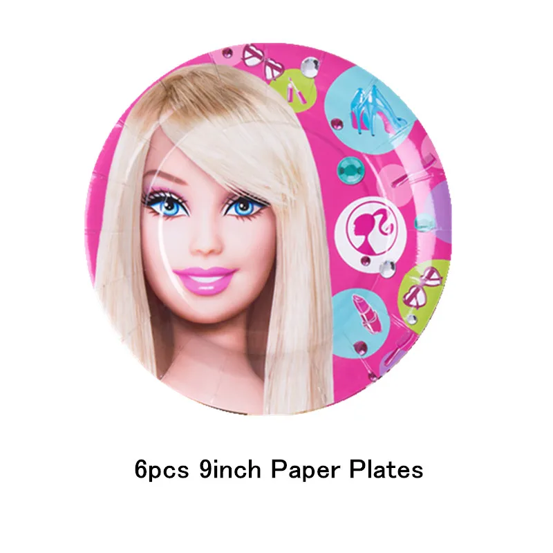 9 inch Plate(6pcs) Кукла Барби тема Девочка День рождения принадлежности одноразовая посуда бумажные чашки тарелки салфетки баннер скатерть детский душ Декор - Цвет: 9 inch Plate(6pcs)