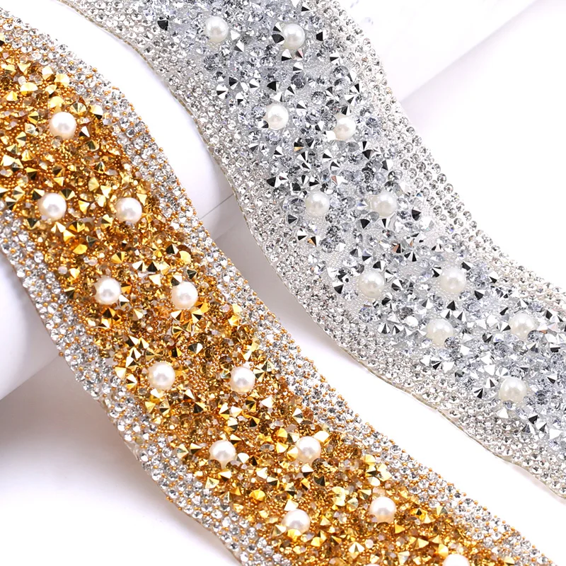 QIAO Rhinestone Trim Pearl Crystal Tape Iron/Glue on DIY Decorative ...
