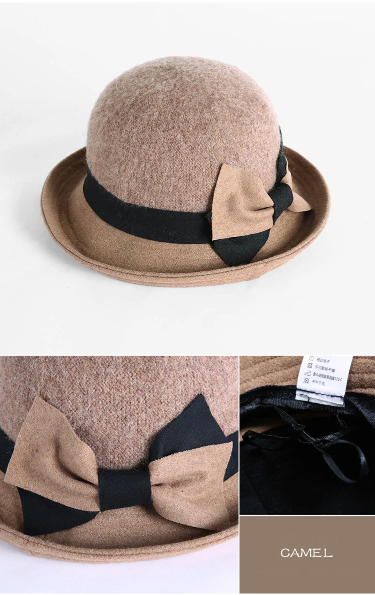 FS Fashion Gray Purple Women Wool Felt Bucket Hats Vintage Ladies Cloche Derby Bowler Cap with Bowknot Elegant Autumn Winter