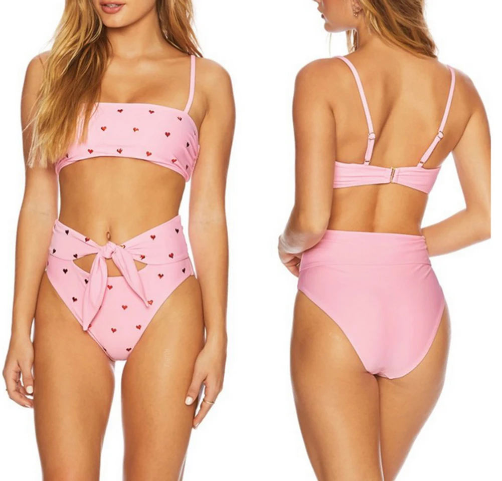 

Women Bikini Set lace up Bandage Swimsuit Heart Print Bather Swimwear Biquinis Push Up Female Bathing Suit